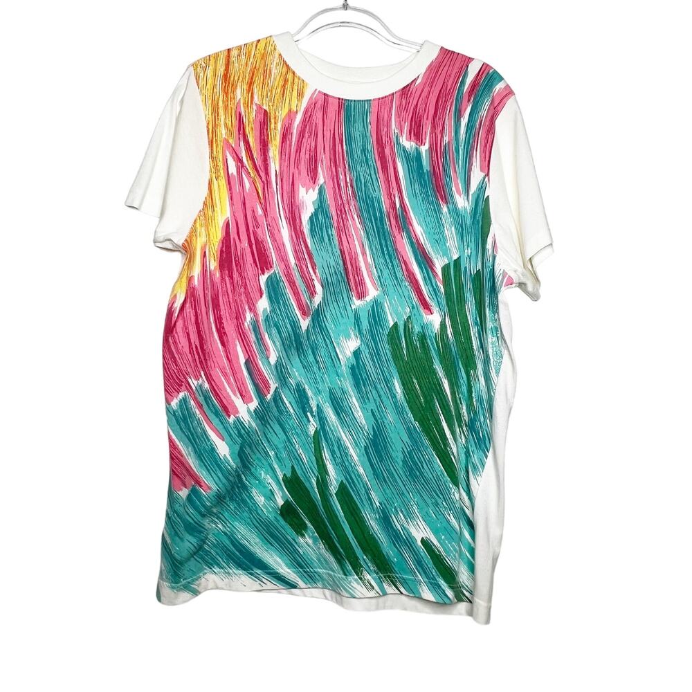 Abstract Graphic T-Shirt Short Sleeve Crew Neck Pullover White Multicolor Large